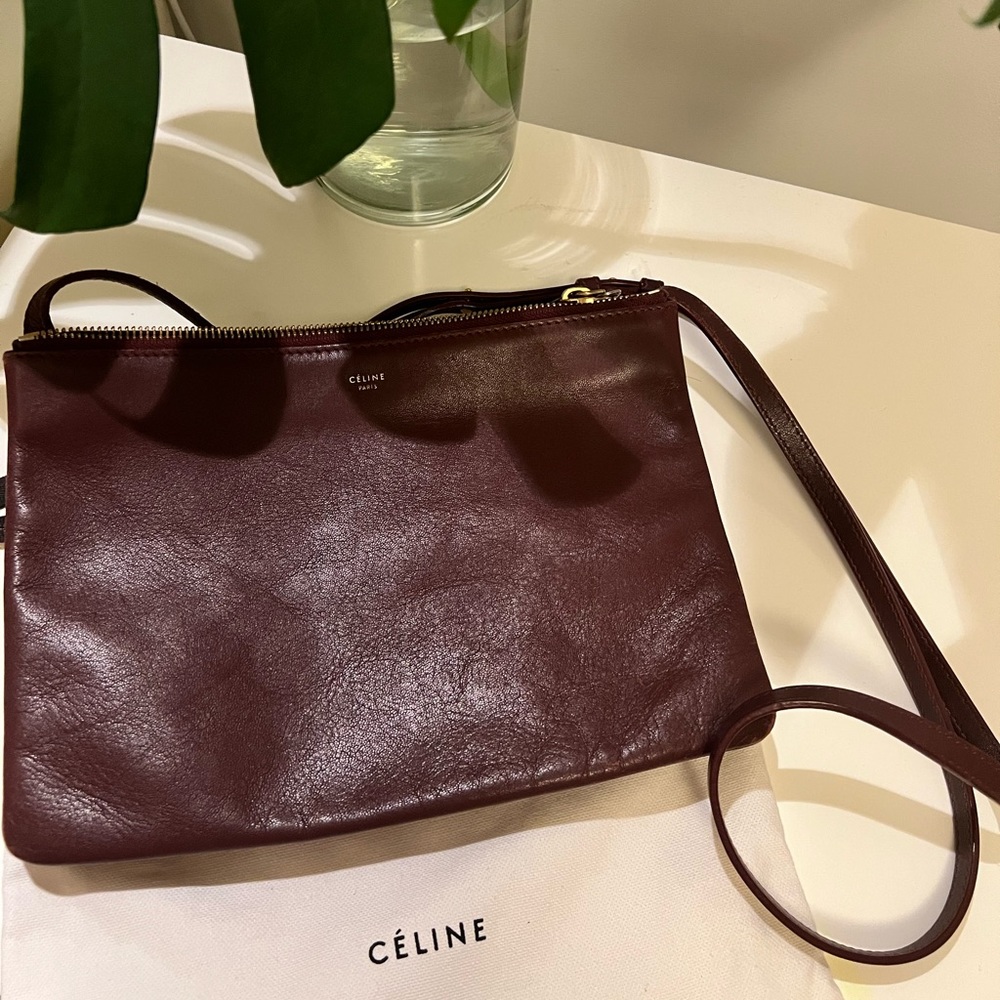 Celine Lambskin Large Trio Crossbody Bag Burgundy